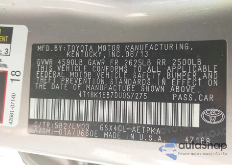 2013 Toyota Avalon Limited z USA, uszkodzony, nr VIN 4T1BK1EB7DU057275